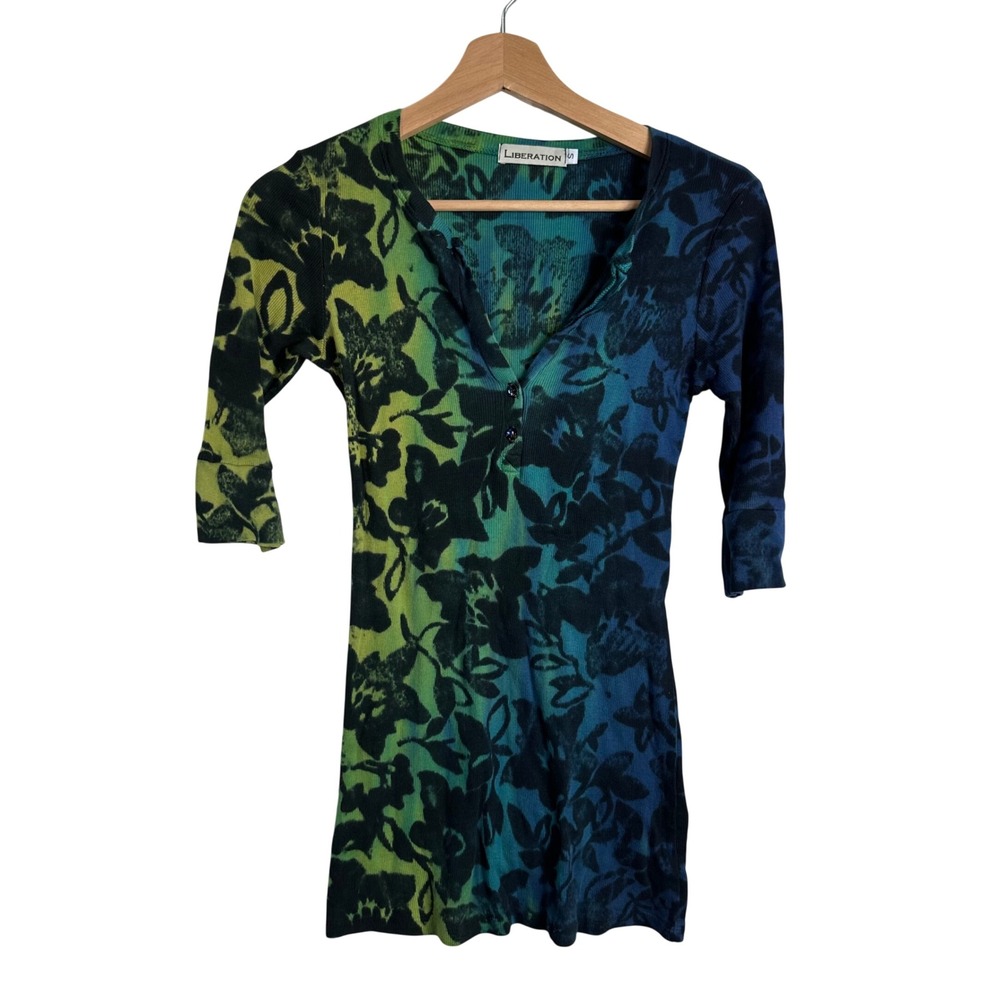 Liberation Ombre Floral Henley Top Ribbed Knit 3/4 Sleeve Small y2k tie dye